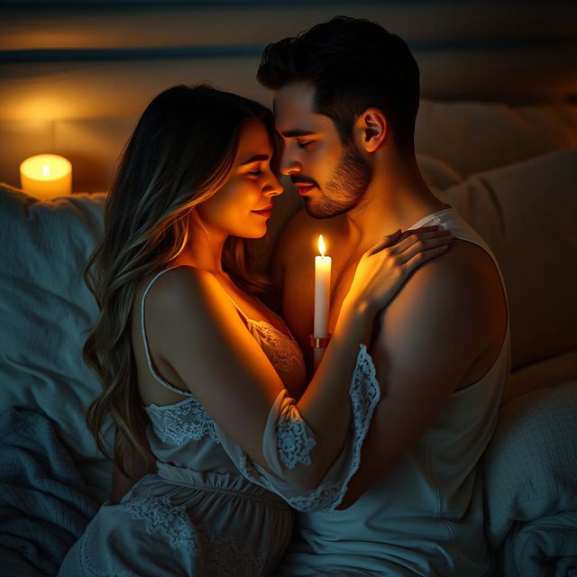 An intimate and romantic setting featuring a couple embracing under soft candlelight
