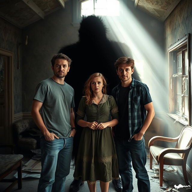 Three friends, two males and one female, inside an abandoned house, standing close together