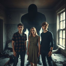 Three friends, two males and one female, inside an abandoned house, standing close together