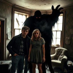 Three friends, two males and one female, inside an abandoned house, standing close together