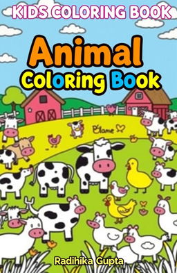 A whimsical farm scene filled with cartoon animals including cows, pigs, and chickens, all outlined in bold black lines, creating a fun and inviting atmosphere