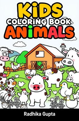 A whimsical farm scene filled with cartoon animals including cows, pigs, and chickens, all outlined in bold black lines, creating a fun and inviting atmosphere