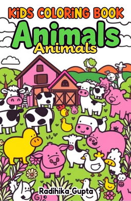 A whimsical farm scene filled with cartoon animals including cows, pigs, and chickens, all outlined in bold black lines, creating a fun and inviting atmosphere