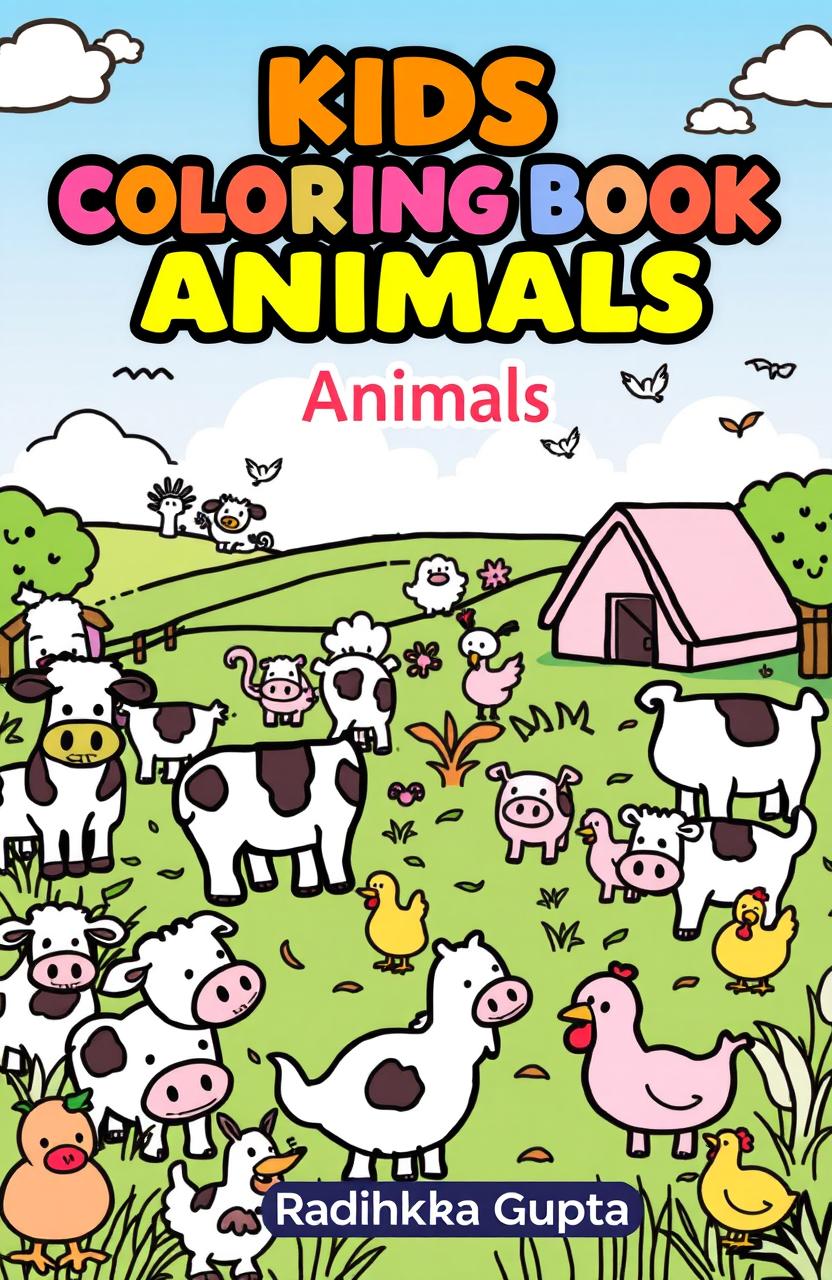 A whimsical farm scene filled with cartoon animals including cows, pigs, and chickens, all outlined in bold black lines, creating a fun and inviting atmosphere