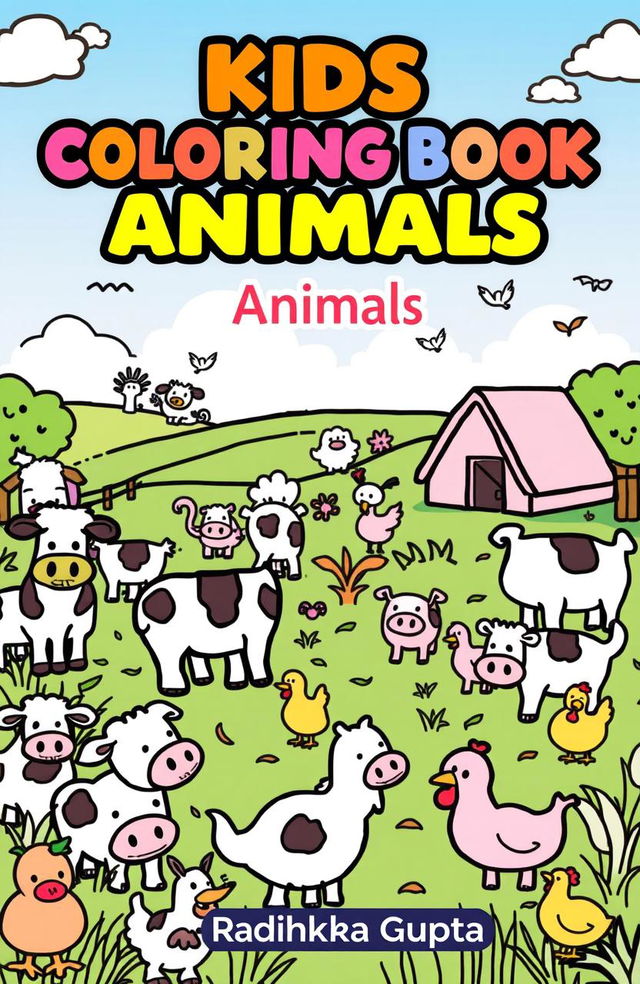 A whimsical farm scene filled with cartoon animals including cows, pigs, and chickens, all outlined in bold black lines, creating a fun and inviting atmosphere