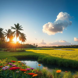 A peaceful and serene landscape featuring a lush, green mora pariththa, a type of natural pond in Sri Lanka known for its clear blue waters and surrounded by vibrant flora