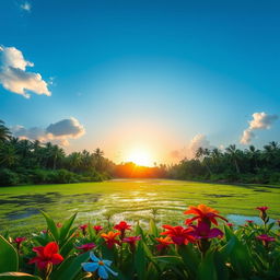 A peaceful and serene landscape featuring a lush, green mora pariththa, a type of natural pond in Sri Lanka known for its clear blue waters and surrounded by vibrant flora