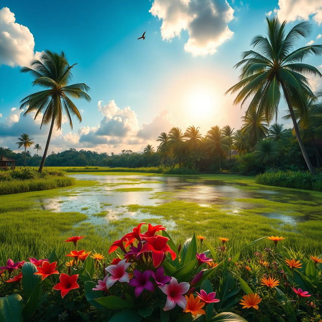 A peaceful and serene landscape featuring a lush, green mora pariththa, a type of natural pond in Sri Lanka known for its clear blue waters and surrounded by vibrant flora