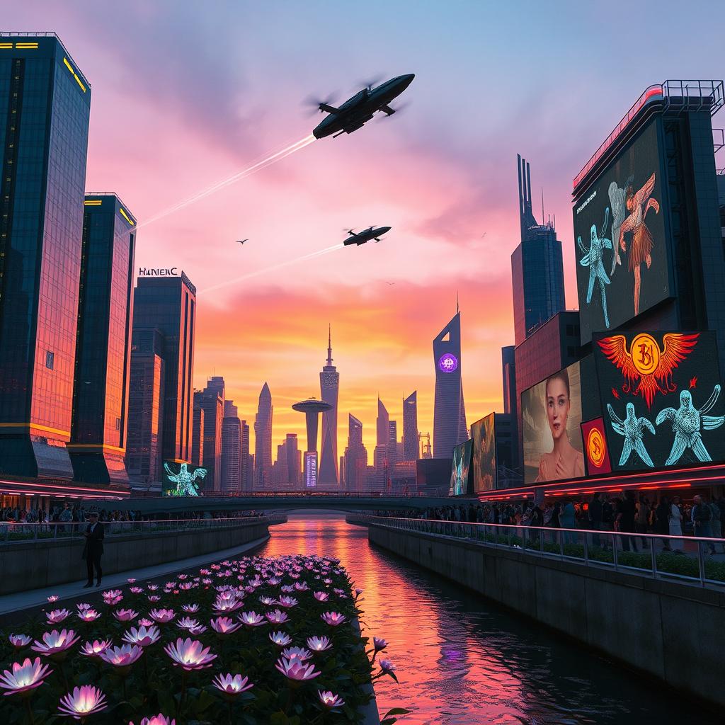 A futuristic city skyline under a twilight sky, featuring towering skyscrapers with shimmering glass facades reflecting the orange and purple hues of the sunset