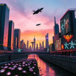 A futuristic city skyline under a twilight sky, featuring towering skyscrapers with shimmering glass facades reflecting the orange and purple hues of the sunset