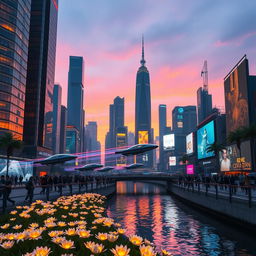 A futuristic city skyline under a twilight sky, featuring towering skyscrapers with shimmering glass facades reflecting the orange and purple hues of the sunset
