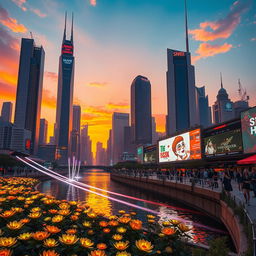 A futuristic city skyline under a twilight sky, featuring towering skyscrapers with shimmering glass facades reflecting the orange and purple hues of the sunset