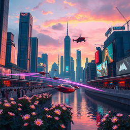 A futuristic city skyline under a twilight sky, featuring towering skyscrapers with shimmering glass facades reflecting the orange and purple hues of the sunset