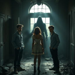 Three friends, two males and one female, inside an abandoned house, appearing curious and slightly apprehensive