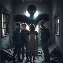 Three friends, two males and one female, inside an abandoned house, appearing curious and slightly apprehensive