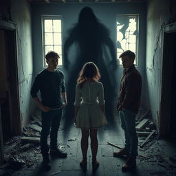 Three friends, two males and one female, inside an abandoned house, appearing curious and slightly apprehensive