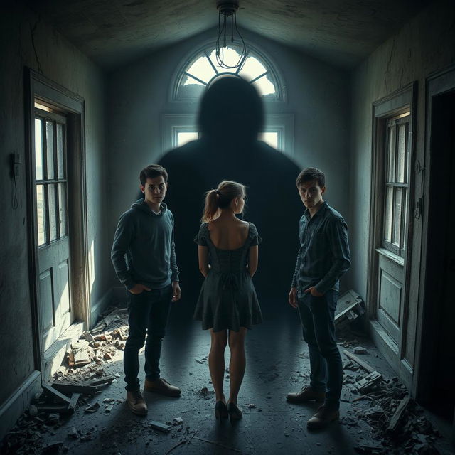 Three friends, two males and one female, inside an abandoned house, appearing curious and slightly apprehensive