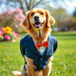 A cute dog wearing a stylish suit, looking dapper and playful