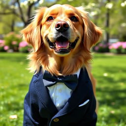 A cute dog wearing a stylish suit, looking dapper and playful