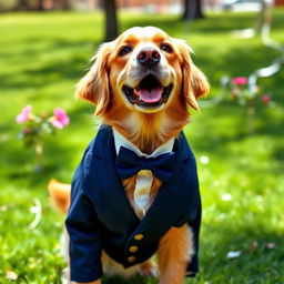 A cute dog wearing a stylish suit, looking dapper and playful