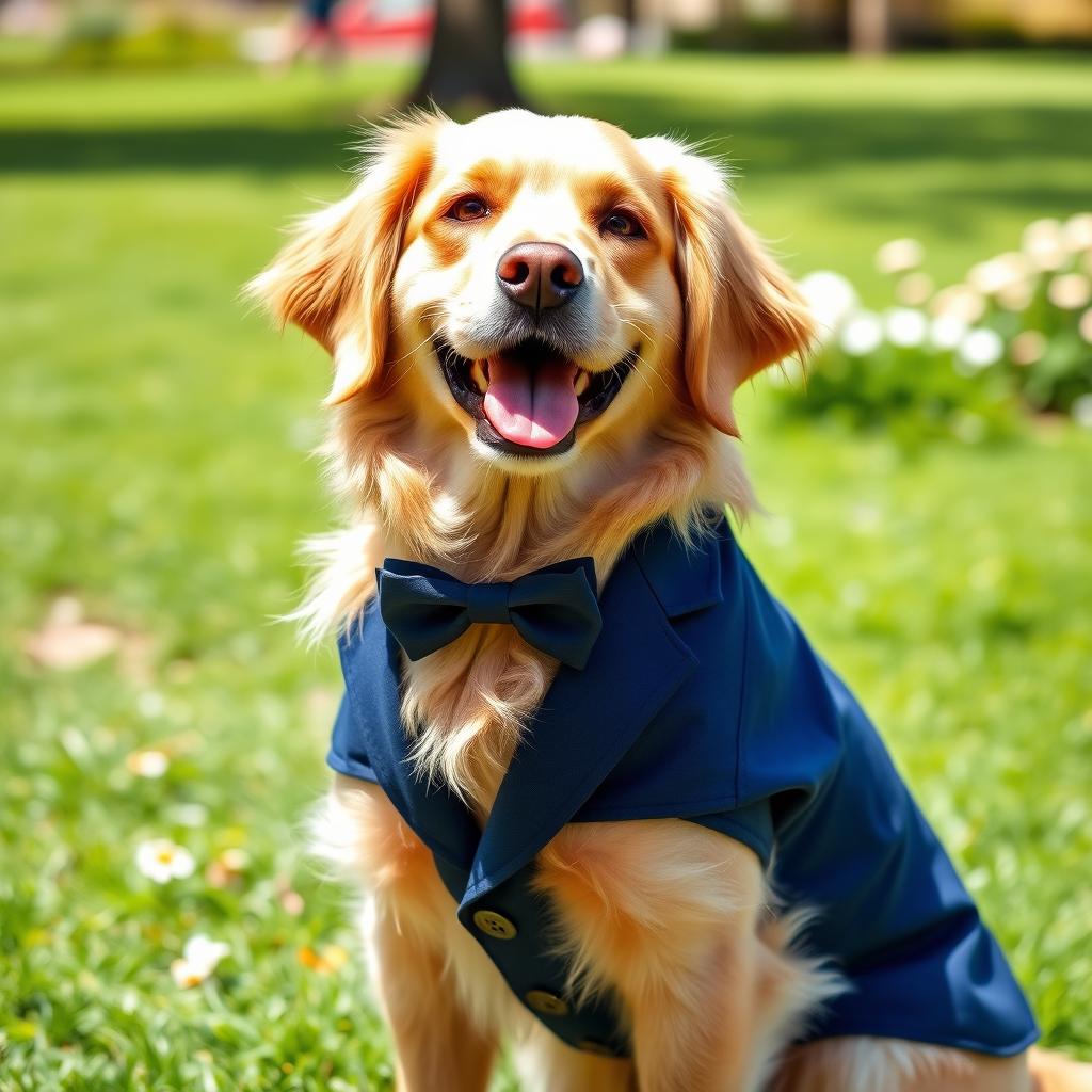 A cute dog wearing a stylish suit, looking dapper and playful