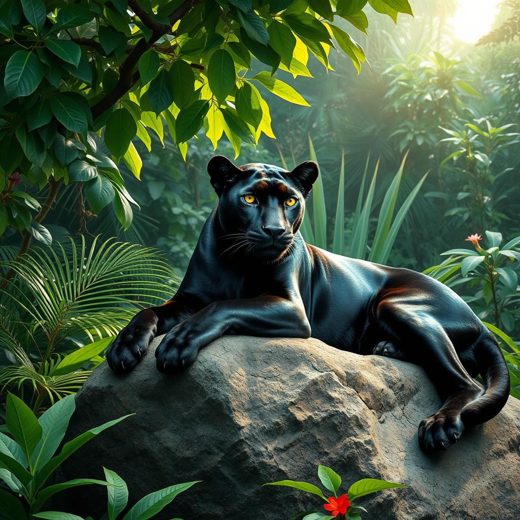 A majestic black panther lounging regally on a large rock in a dense jungle