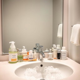 A large mirror above a sink in a bathroom, reflecting the scene with clarity