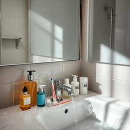 A large mirror above a sink in a bathroom, reflecting the scene with clarity
