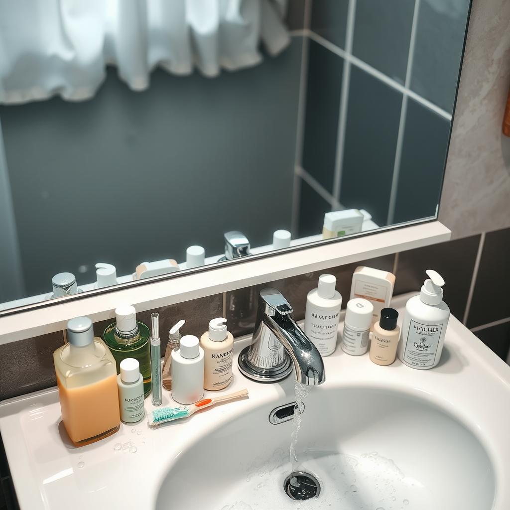 A large mirror above a sink in a bathroom, reflecting the scene with clarity