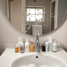 A large mirror above a sink in a bathroom, reflecting the scene with clarity