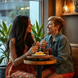 An intimate scene of two young women laughing and enjoying each other's company in a cozy, softly lit café