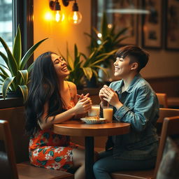 An intimate scene of two young women laughing and enjoying each other's company in a cozy, softly lit café