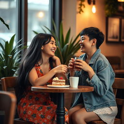 An intimate scene of two young women laughing and enjoying each other's company in a cozy, softly lit café