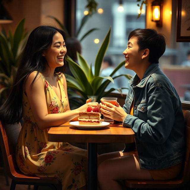 An intimate scene of two young women laughing and enjoying each other's company in a cozy, softly lit café