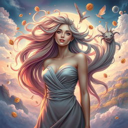 A detailed and artistic depiction of a woman in a surreal environment, showcasing her strength and beauty