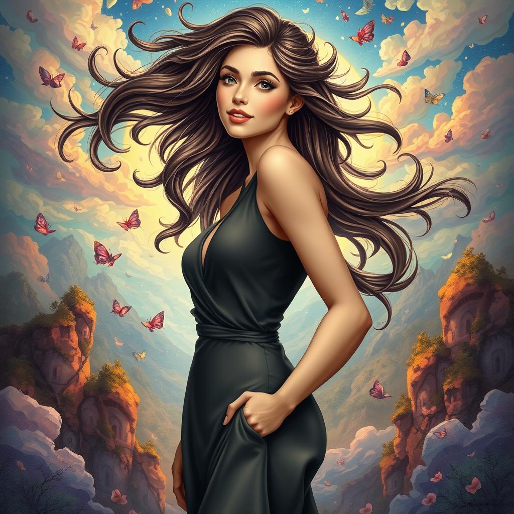 A detailed and artistic depiction of a woman in a surreal environment, showcasing her strength and beauty