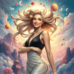 A detailed and artistic depiction of a woman in a surreal environment, showcasing her strength and beauty