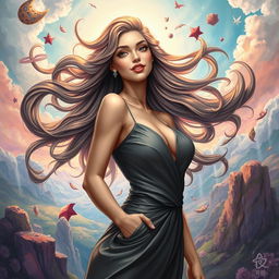 A detailed and artistic depiction of a woman in a surreal environment, showcasing her strength and beauty