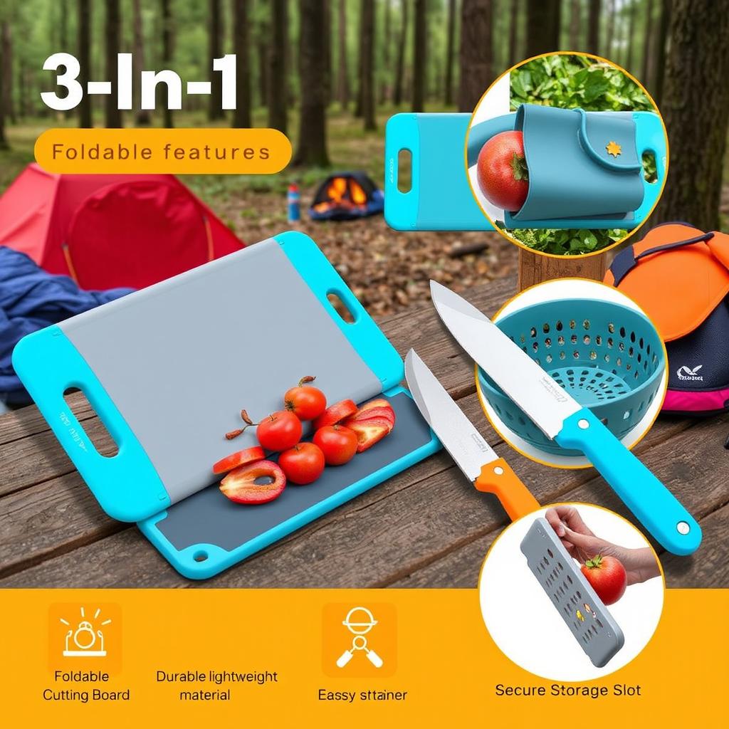 A 3-in-1 foldable camping utensil set showcasing innovative features