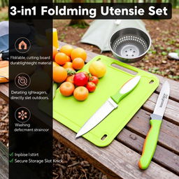 A 3-in-1 foldable camping utensil set showcasing innovative features