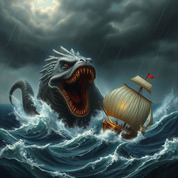 A massive and terrifying sea monster attacking a ship amidst stormy seas and heavy rain