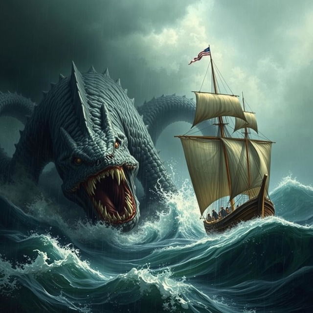A massive and terrifying sea monster attacking a ship amidst stormy seas and heavy rain