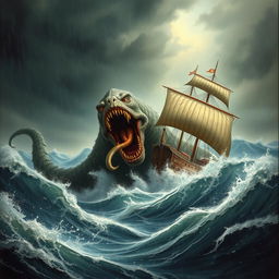 A massive and terrifying sea monster attacking a ship amidst stormy seas and heavy rain