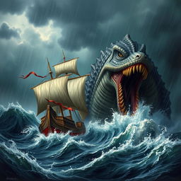 A massive and terrifying sea monster attacking a ship amidst stormy seas and heavy rain