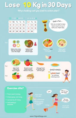 An informative, visually appealing illustrated guide showing a step-by-step action plan for losing 10 kg in 30 days