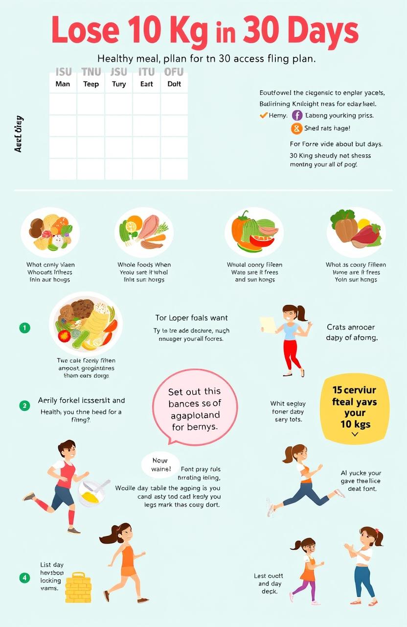 An informative, visually appealing illustrated guide showing a step-by-step action plan for losing 10 kg in 30 days