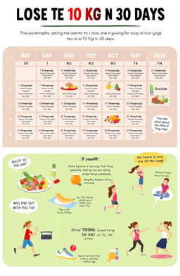 An informative, visually appealing illustrated guide showing a step-by-step action plan for losing 10 kg in 30 days