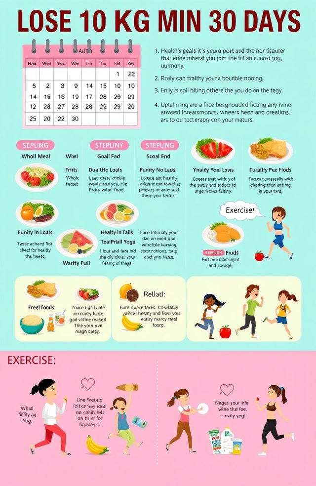 An informative, visually appealing illustrated guide showing a step-by-step action plan for losing 10 kg in 30 days