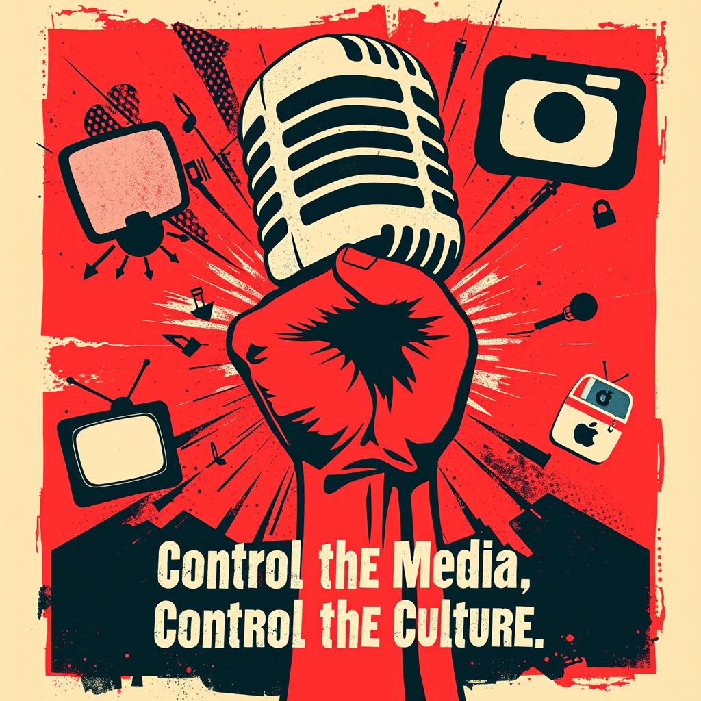 A powerful and visually striking poster design encapsulating the theme 'Whoever controls the media, controls the culture