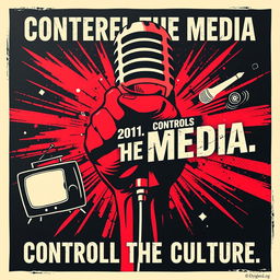 A powerful and visually striking poster design encapsulating the theme 'Whoever controls the media, controls the culture